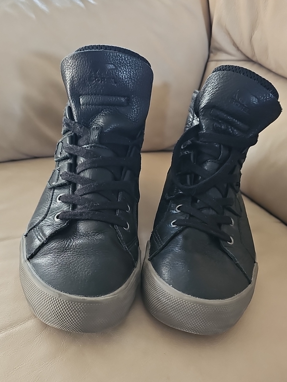 Sorel Black Leather High-Top Sneakers with Gray Soles